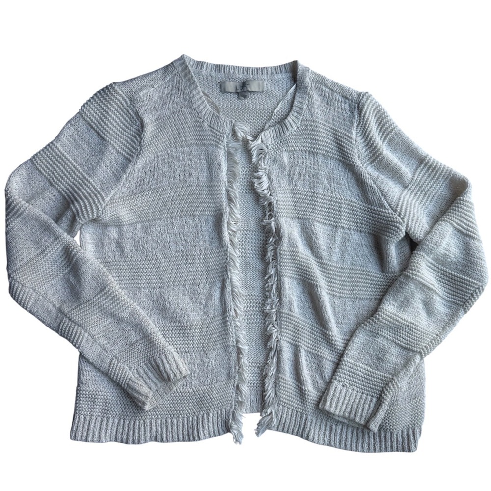 Loft Women Cream Fringe Open Front Textured Knit Cardigan Sweater Size‎ M